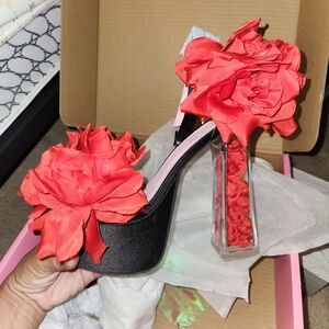 Dolls Kill Black Heels with Red Floral Accents